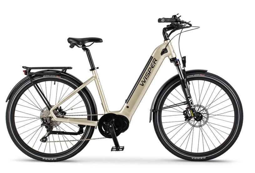 Wisper Wayfarer M7 Step Through Electric Bike in Iridium Silver with Mid Motor and City Pack